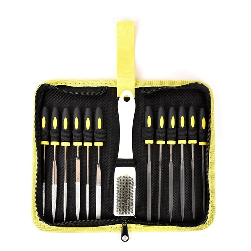 13PCS Needle Files Set,6 Diamond Files & 6 Steel File Sets And Cleaning Brush & Case With Handle