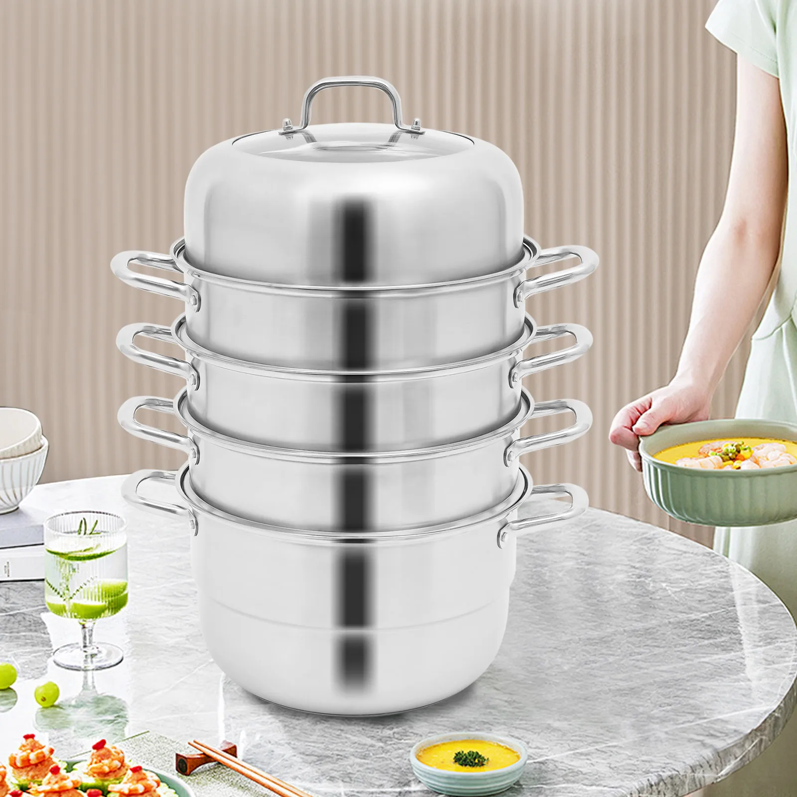 

BYMAOCAR 304 Stainless Steel Steamer - Stackable 5 Levels with Glass Lid - Diameter 32cm - Rustproof NEW