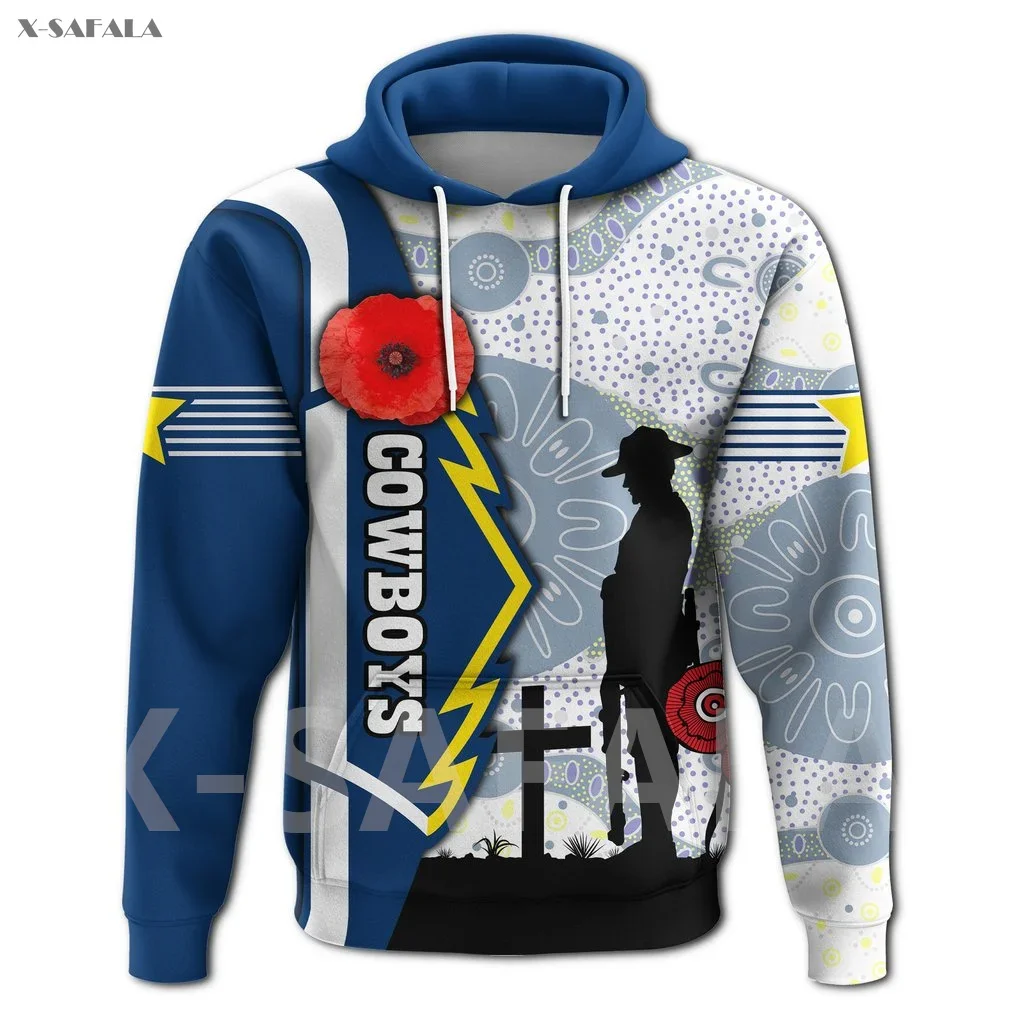 Cowboys North Aboriginal 2022 Anzac Day 3D Print Zipper Hoodie Men Pullover Sweatshirt Hooded Jersey Tracksuits Outwear Coat