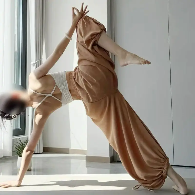 New Chinese Style Relaxing Yoga Pants Women's Mid-high Waist Loose Breathable Tying Foot Straps Bloomers Trousers Wide-leg Pants