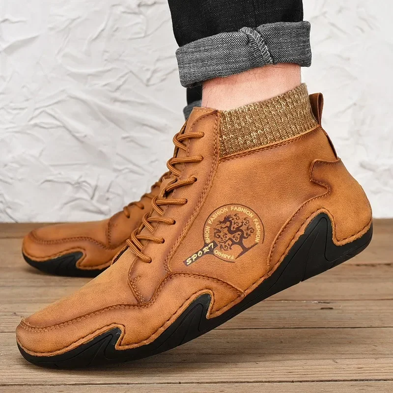 Winter Men Leather Boots with Fur Warm Snow Boots Men Comfort Casual Shoes Sneakers High Top Western Ankle Boots Waterproof