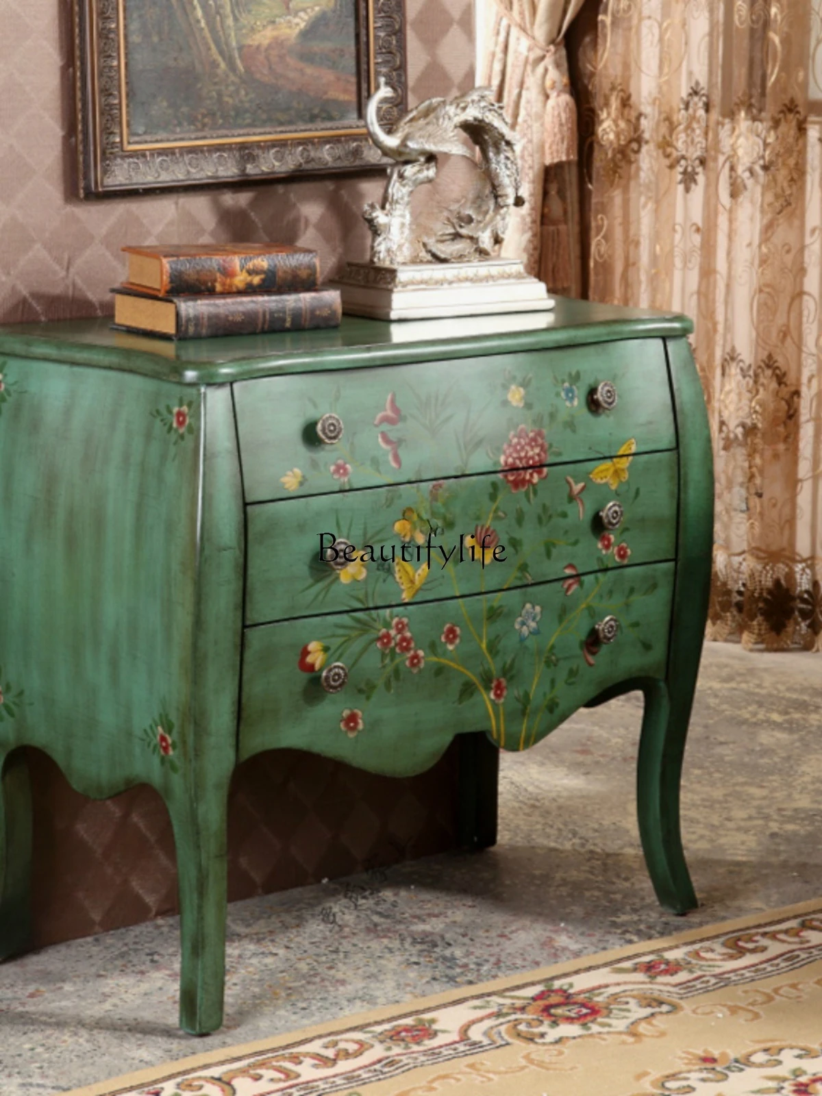 American Style Three-Bucket Cabinet Retro Painted Green Wall Hallway European Style Big Belly Cabinet