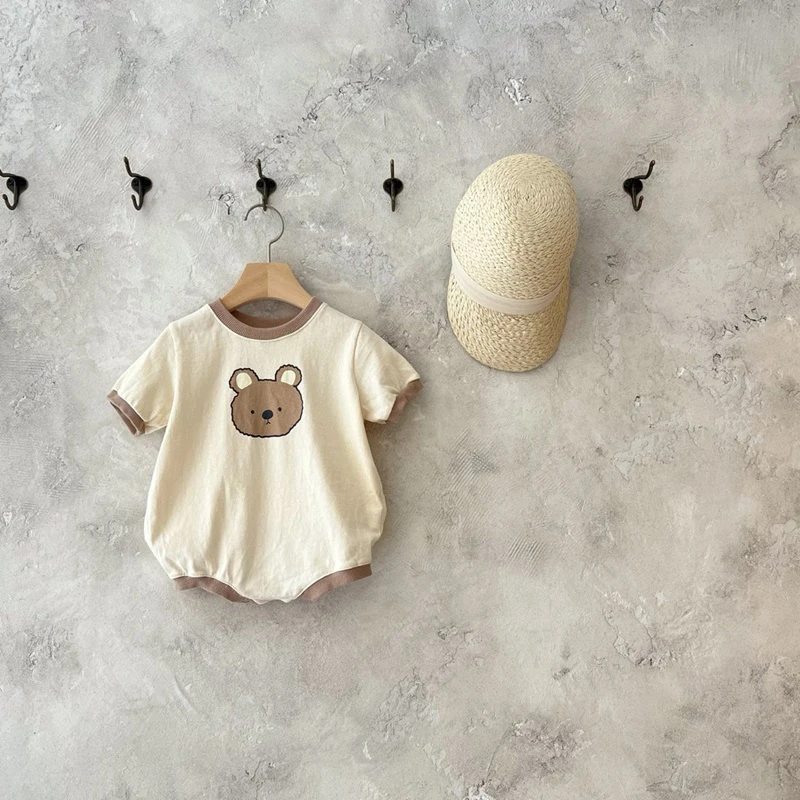 

2023 Baby Summer Newborn Boys' Bodysuit Little Bear Round Neck Short Sleeve Solid Cotton Baby Triangle Bodysuit Toddler Bodysuit