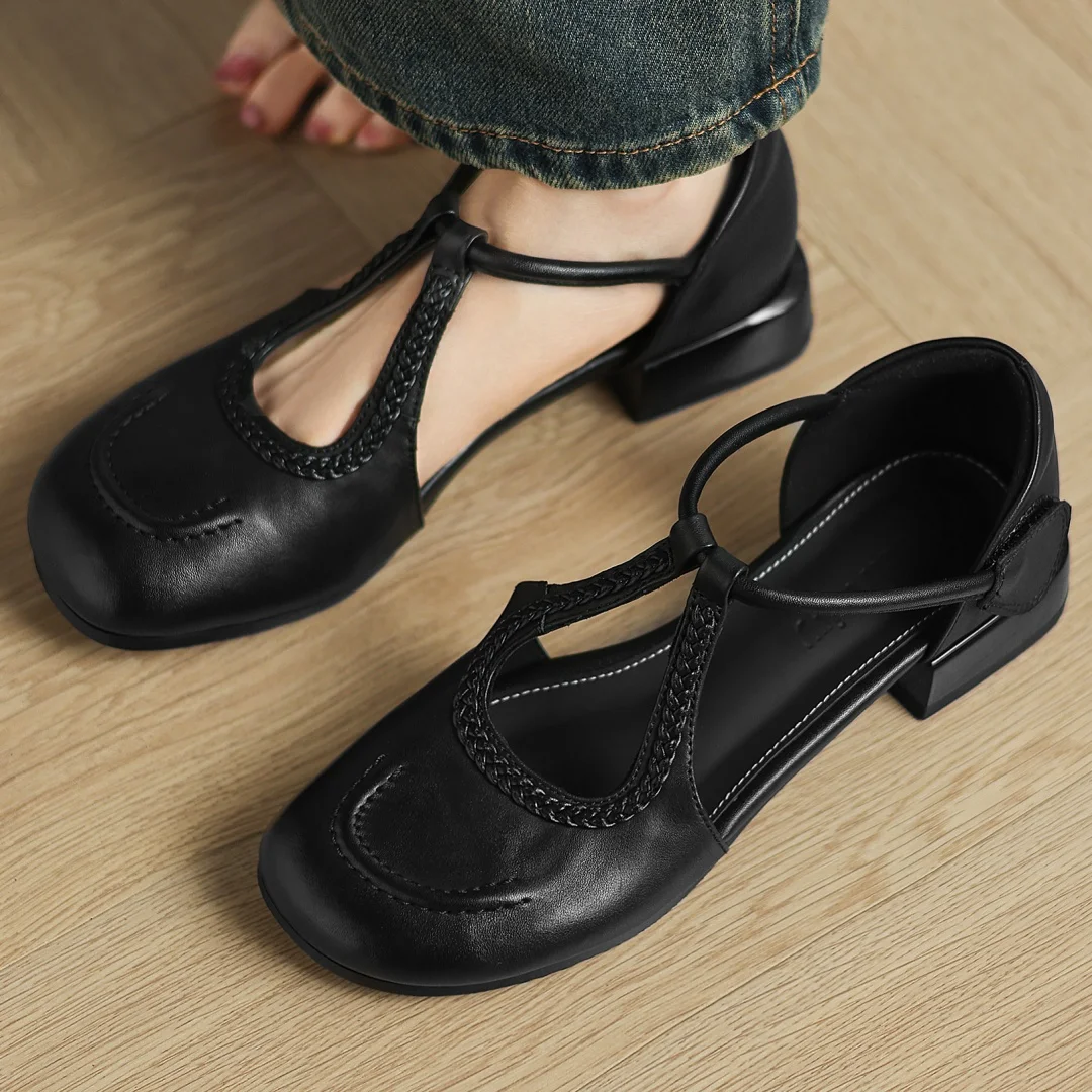 Women's cow leather narrow band t-strap slip-on flats high quality soft comfortable round toe hook&loop casual female shoes 33