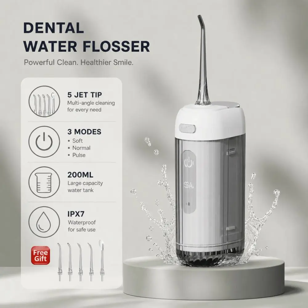 Water Floss Rinser 5 Jet Tip Dental Water Flosser 200ml 3 Modes Oral Irrigator IPX7 Portable Tooth Flusher Gum Care