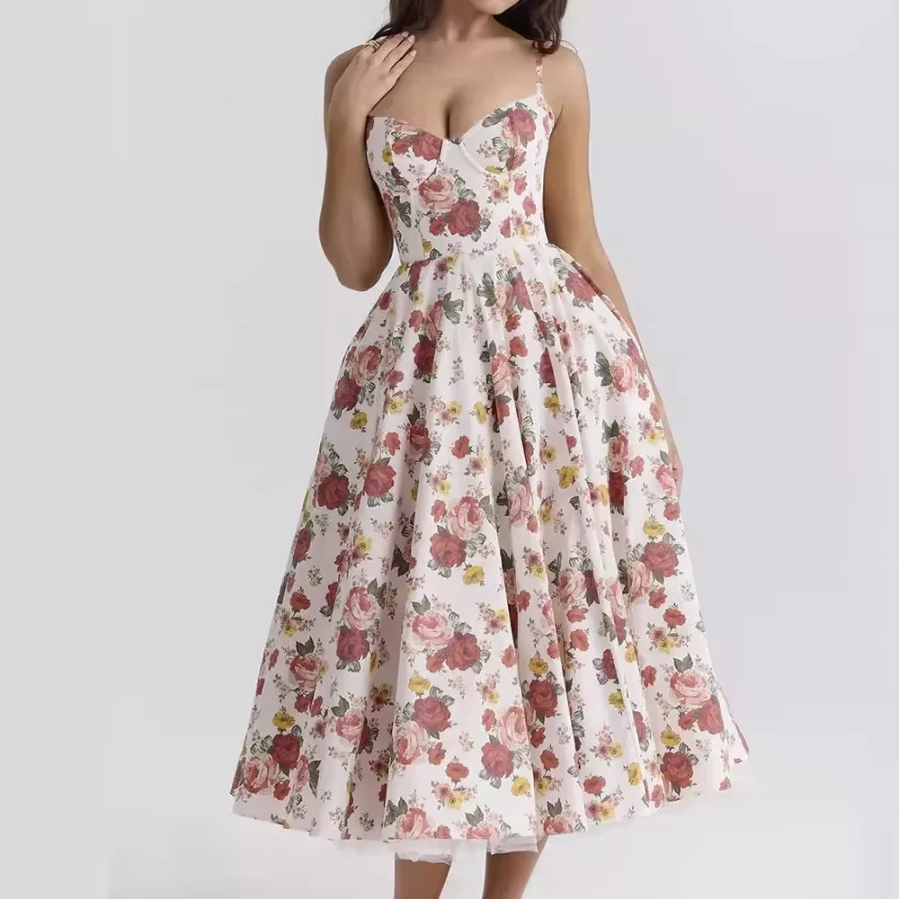 봄 여름 레트로 빈티지 슬림핏 작은 꽃무늬 민소매 스윗하트 넥 미디 캐미 드레스 여성용