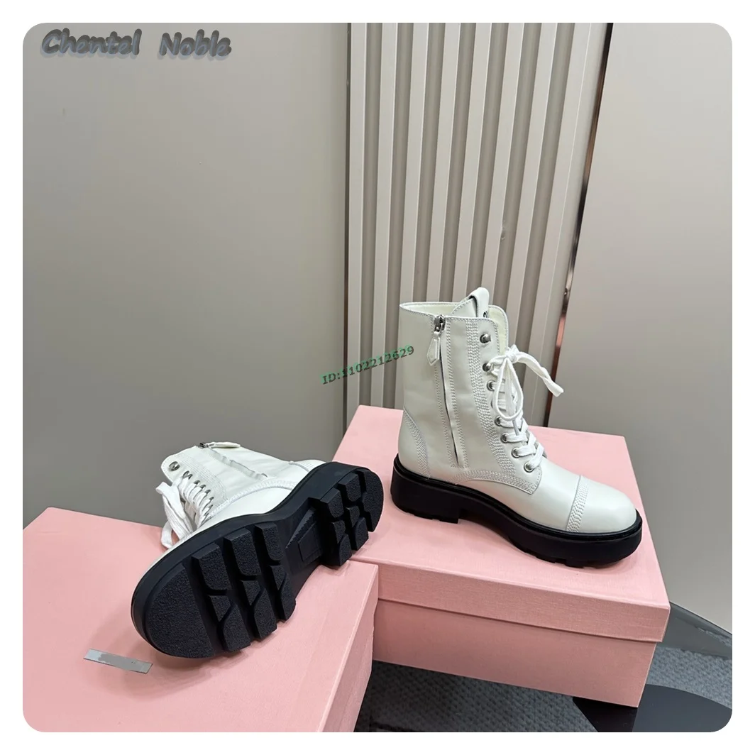 Black Leather Lace-up Side Zipper Ankle Boots For Women Flats Round Toe Casual Platform Shoes Autumn Winter 2024 New Arrivals