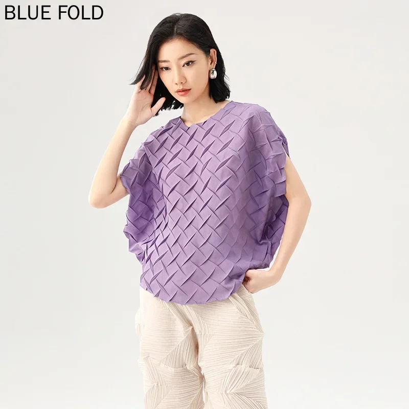 

Miyake, новая летняя корейская версия однотонной футболки с короткими рукавами и рукавами «летучая мышь», повседневный высококачественный тонкий и удобный топ