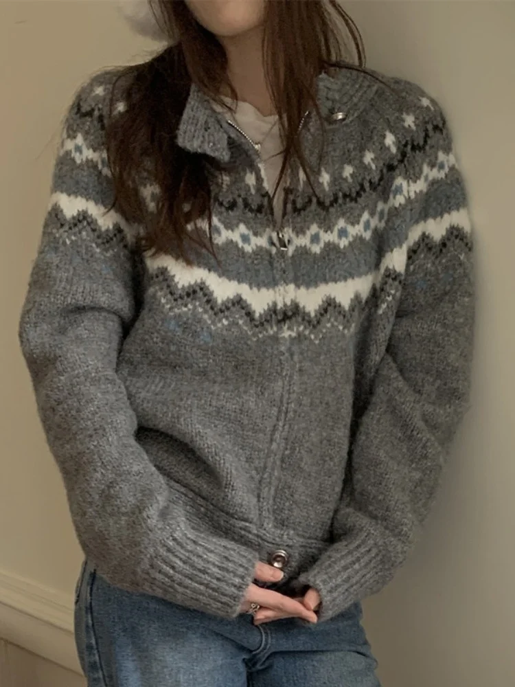 Suéter Abrigo de Punto ueso con Diseño Fair Isle de JL, Bloques de Color, Bordado, Manga Larga, para Otoño, Invierno y Pr...