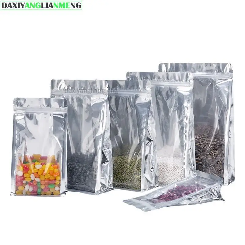 50pcs/lot 6sizes Clear/Silver Aluminium Foil Zipper Lock Bag Stand Up Resealable Zipper Food Packaging Bag Retail Package