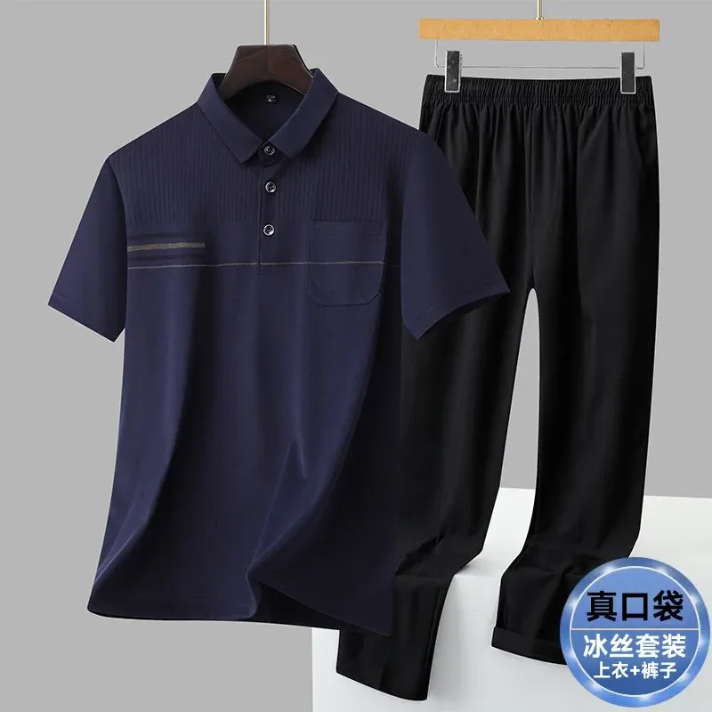 Men's Polo Shirt And Pants Set Summer Casual Sports Outfit For Middle Aged And Elderly Quick Dry Short Sleeve With Pocket view 6