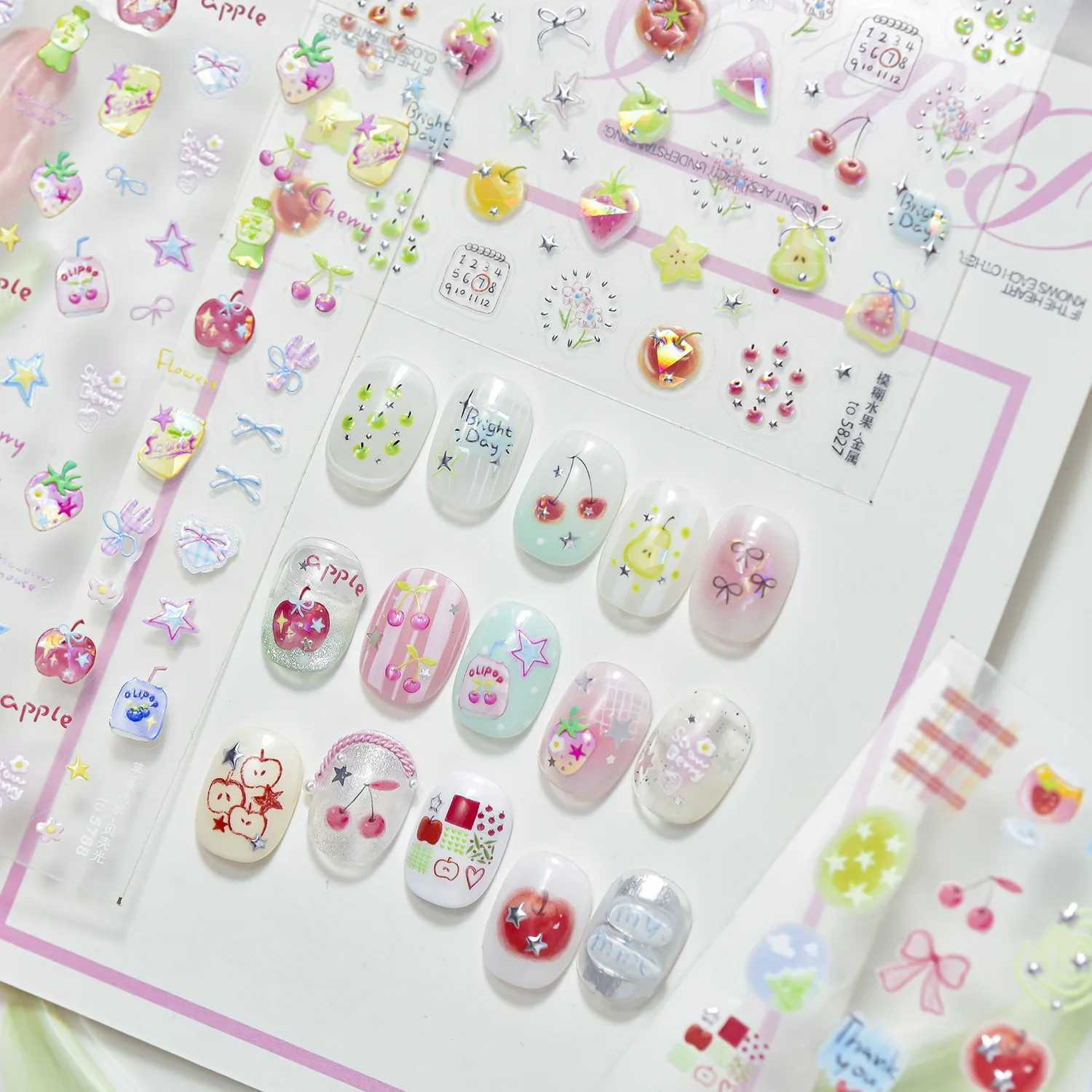 Cute Fruit Nail Stickers Colorful Cherry Lemon Bows Stars Nails 3D Decoration Stickers Self-adhesive Summer Nail Art Sticker DIY