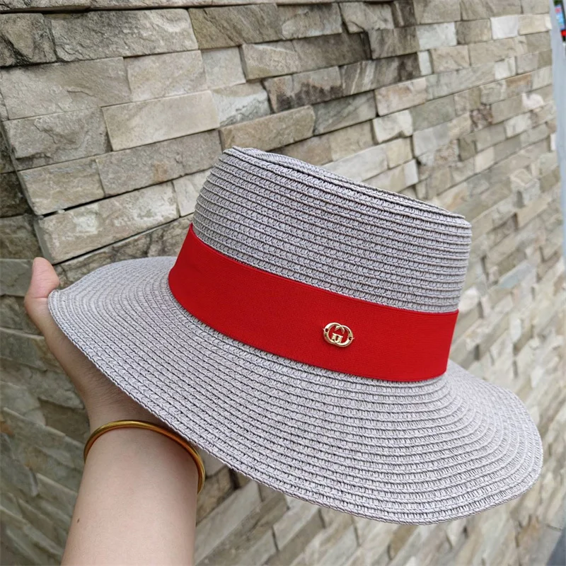 Women\'s Hat Summer Straw Hat Elastic Ribbon Flat Top Men\'s and Women\'s Straw Hat Sun Hat Beach Hat Rose Red Flat Top Straw Hat