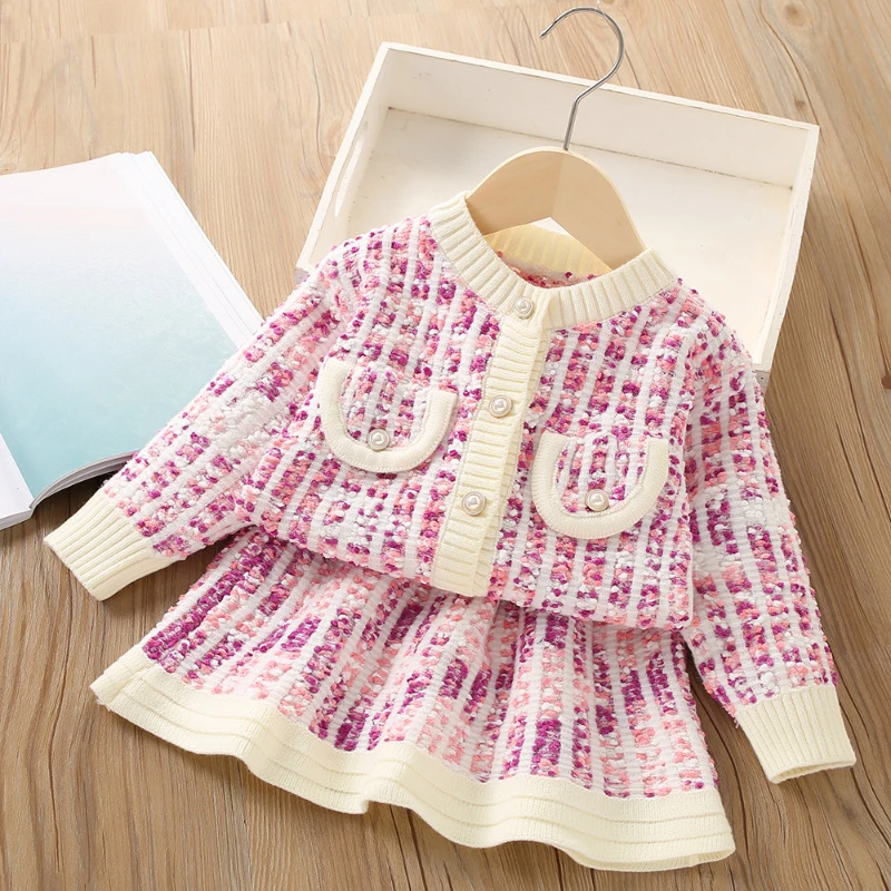 

Girls' Sweater Set Winter Granular Velvet Color Woven Long Sleeve Cardigan + Short Skirt Children's Wool 2-piece Set