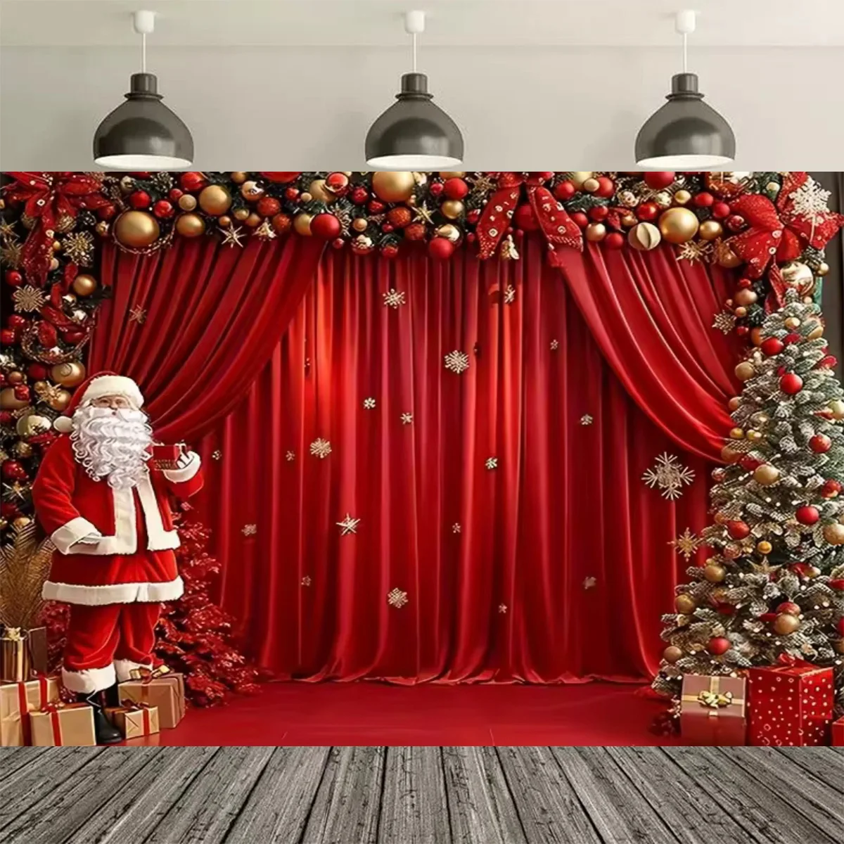 

Christmas Tree Santa Claus Red Stage Christmas Scene Backdrop Suitable For Holiday Photography And Decoration Versatile Banner