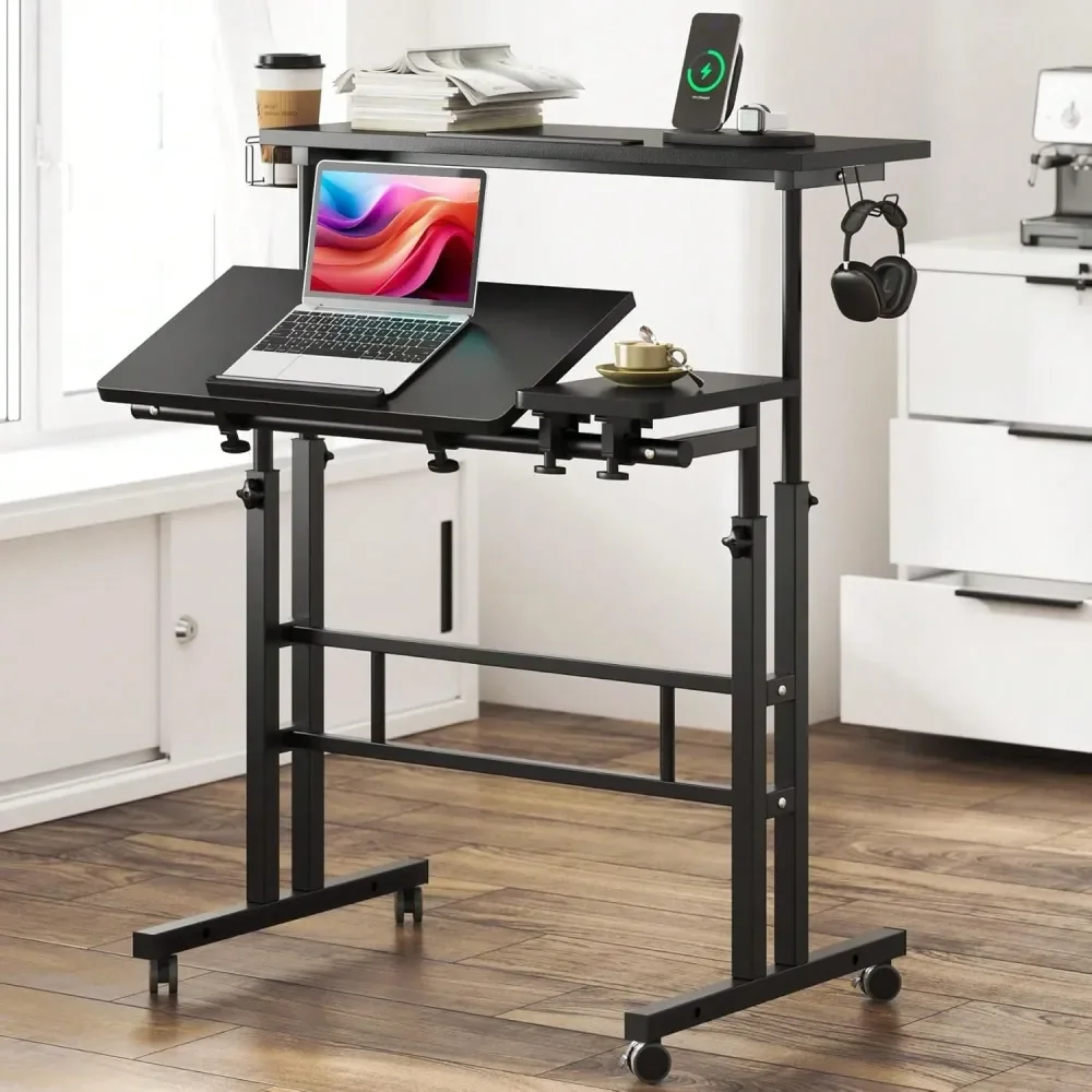 

Adjustable Height Standing Desk, Height Adjustable Computer Desk, Desk With Cup Holder And Hooks, Multifunctional Computer Desk