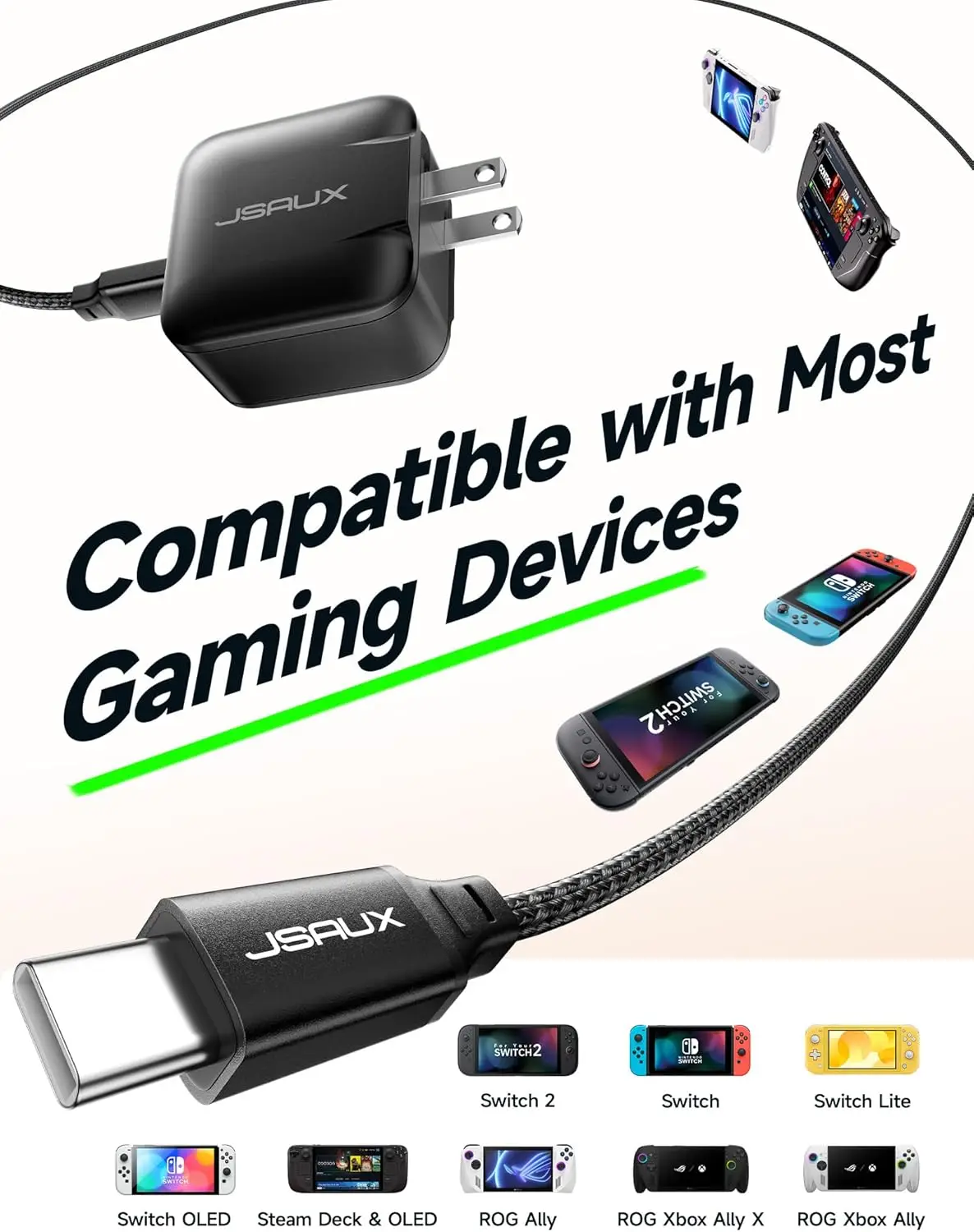 

JSAUX 65W USB-C Charger for ROG Xbox Ally, Powers in TV Mode,with EU/UK Plug & 6.6FT Cable, GaN PD Fast Charge for ROG Xbox Ally