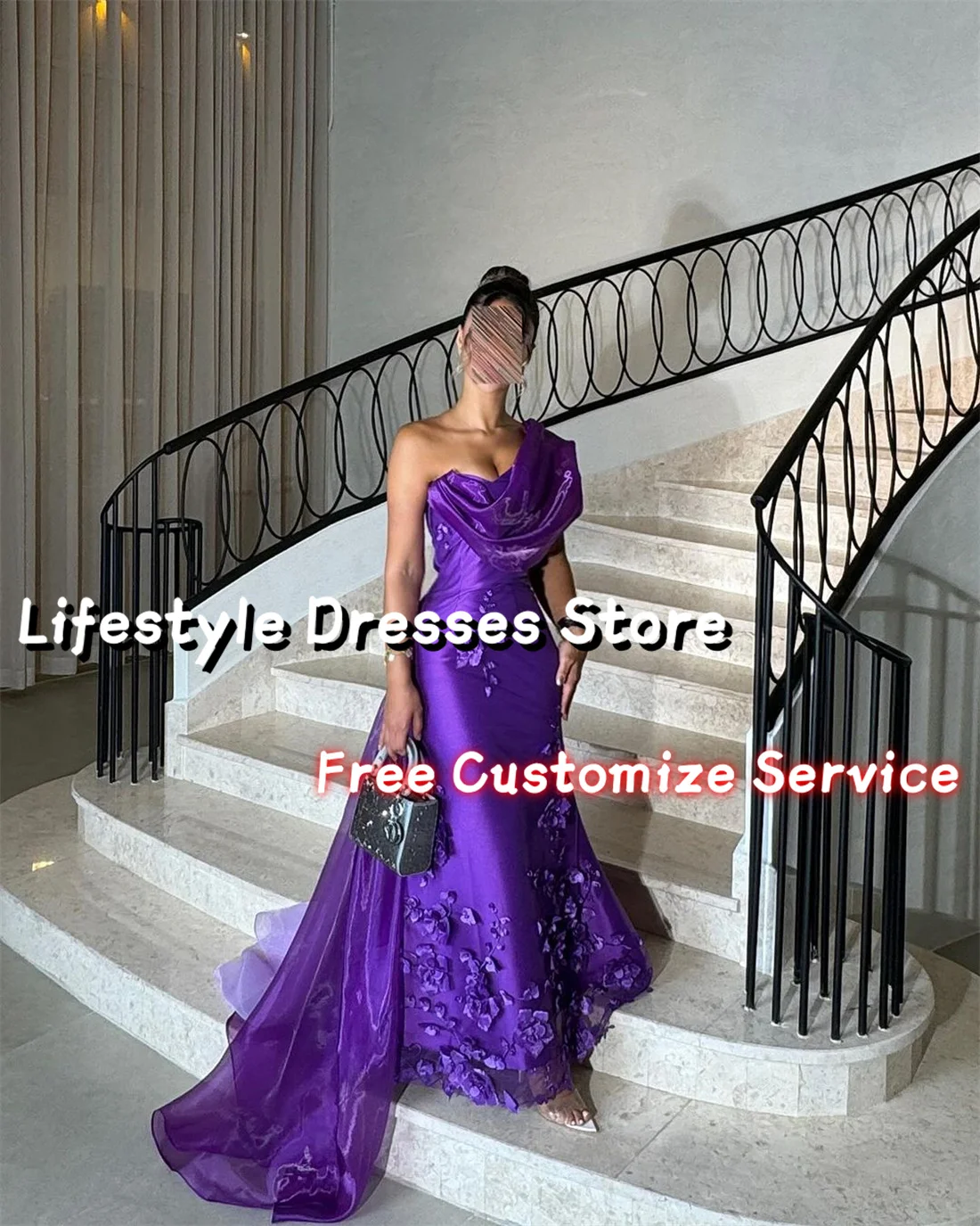 Customized Flowers Beaded Purple Evening Dress Mermaid Sleeveless Party Dress For Formal Occasion One Shoulder Saudi Prom Dress