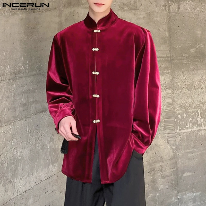 INCERUN, Tops sencillos de gamuza, camisas con diseño de hebilla Memtal elegante, superventas, blusa informal de manga larga con cuello levantado sólido para hombre, S-5XL