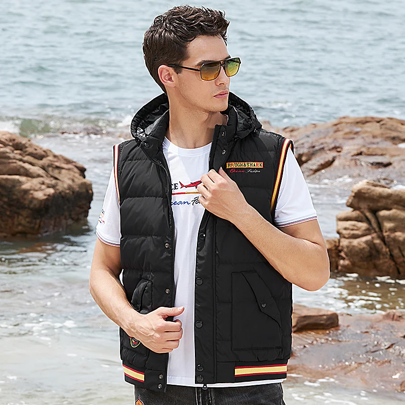 New Shark Men Vest 79% Duck Down-Feather Vest Casual Fashion Business Top Embroidery Winter Style Coat Top quality Size M- 3XL