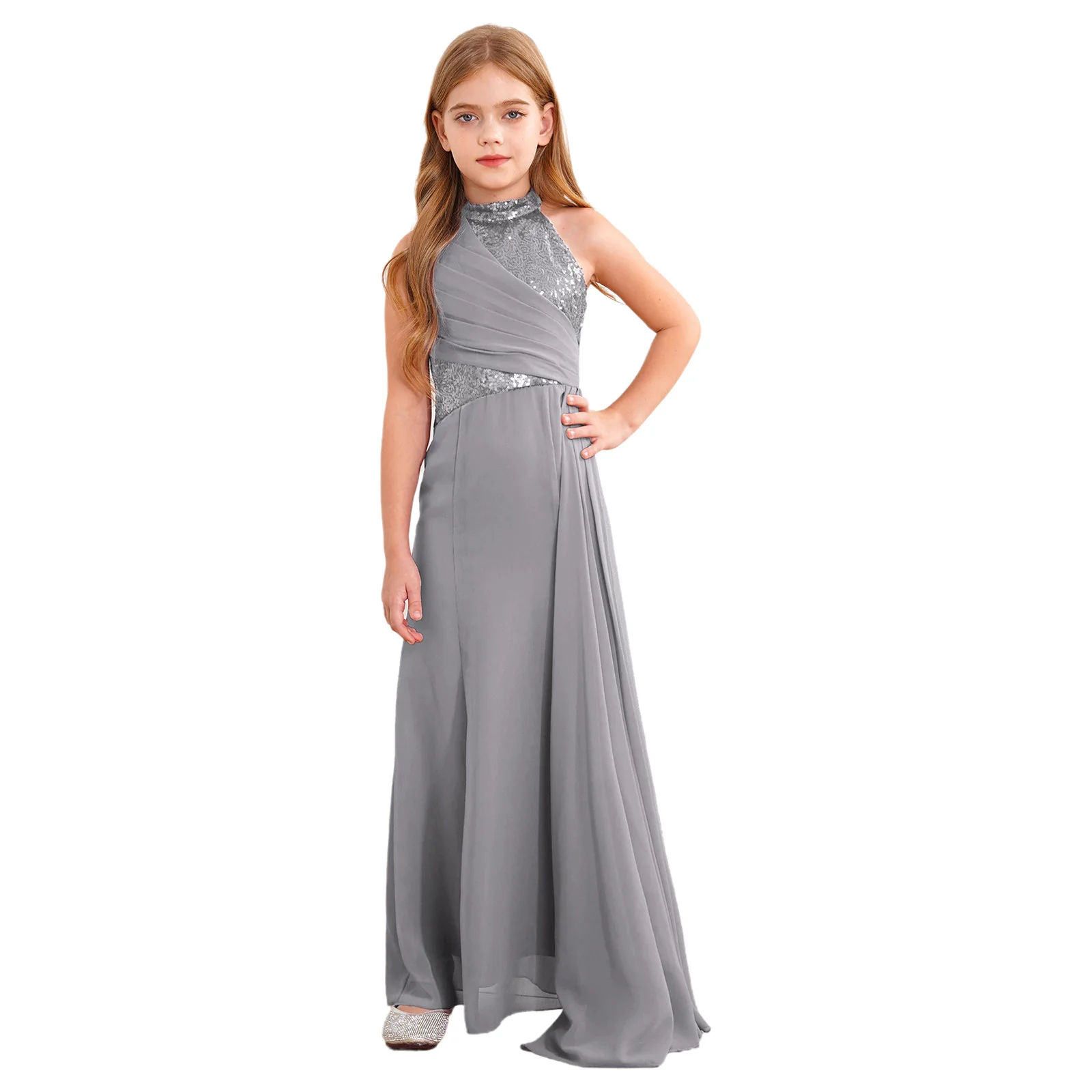 Vestido de festa brilhante lantejoulas feminino, Halter Halter, vestido maxi sem mangas para banquetes de casamento, Robes de enchimento, 15 Meninas