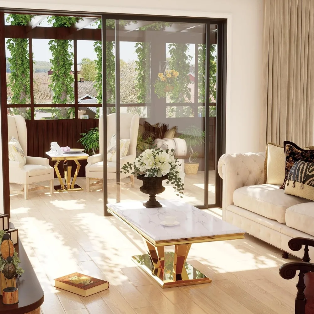 Mesa de centro retangular para sala de estar de 50 polegadas, base geométrica polida, usada para casa, escritório, mesa de centro para sala de recepção