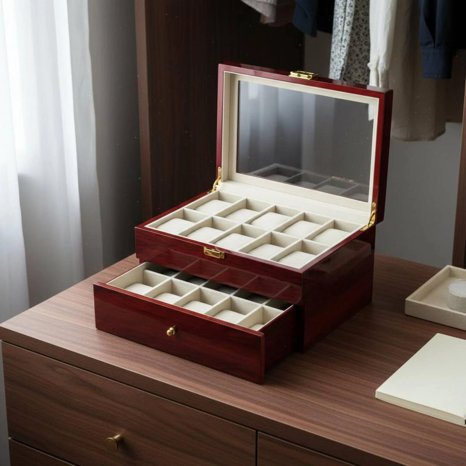 

20-Slot Watch Box Piano Glossy Finish Wooden Watch Box Wood Grain Finish Gold-Tone Hardware