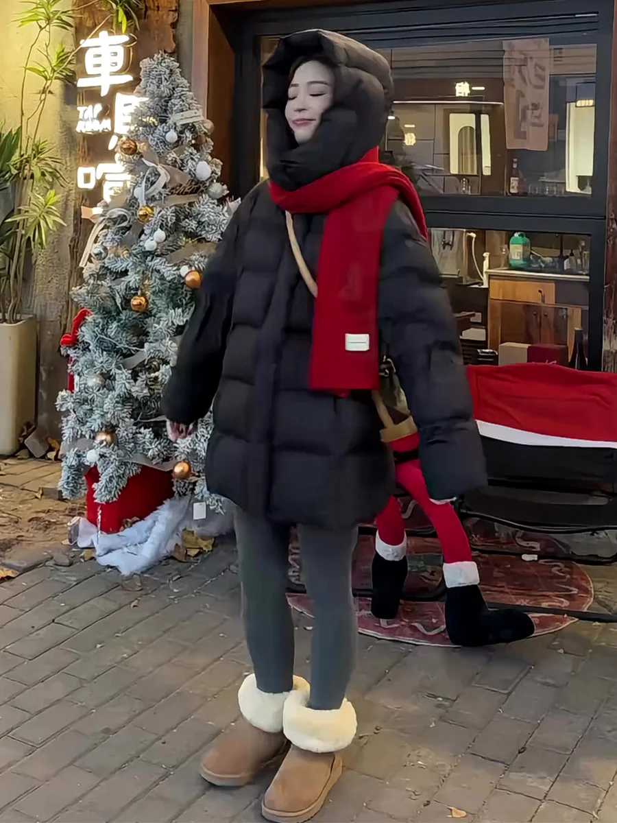 

Женская черная утепленная куртка-пуховик средней длины с капюшоном, повседневное свободное зимнее пальто, новинка