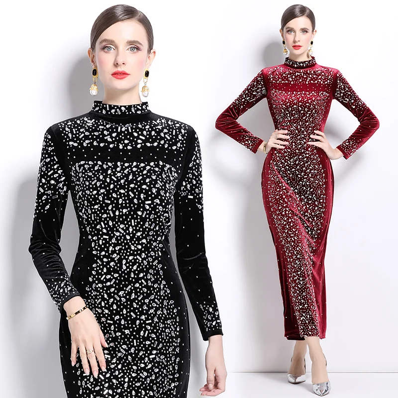 

New European and American style heavy industry hot stamping velvet slim fit dress long dresses for women