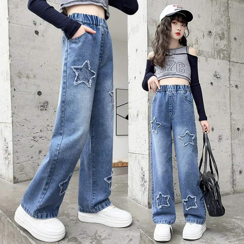 Spring Autumn Fashion Teen Girl Wide Leg Jeans Pant Cotton Child Loose Denim Trousers Casual Kids Clothes 6 8 10 12 14Years Old
