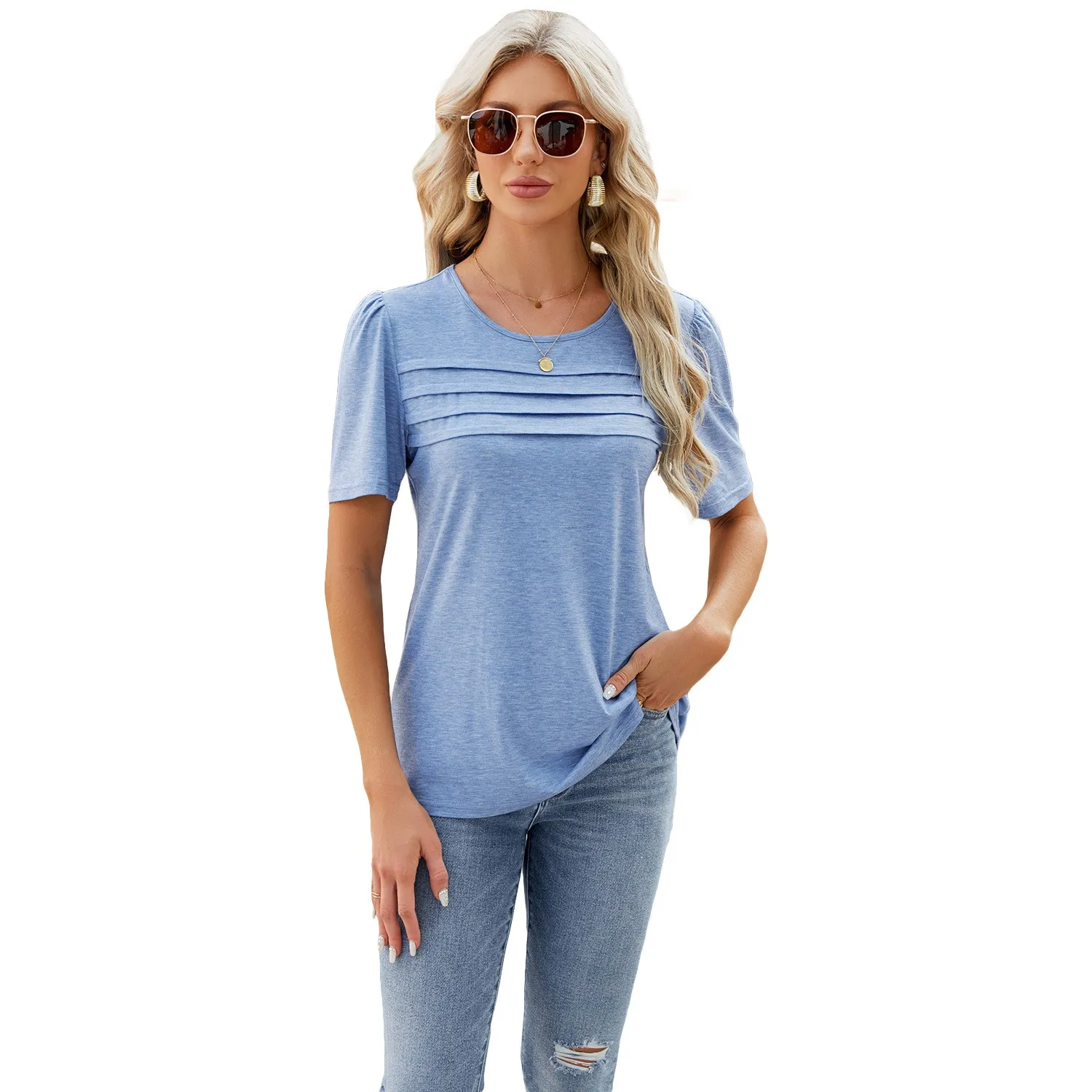 Women's U Neck Puff Short Sleeve Loose Fit Solid Color Cotton Knit Blouse Pullover Mid Length Ruffle T-shirt Female Clothing