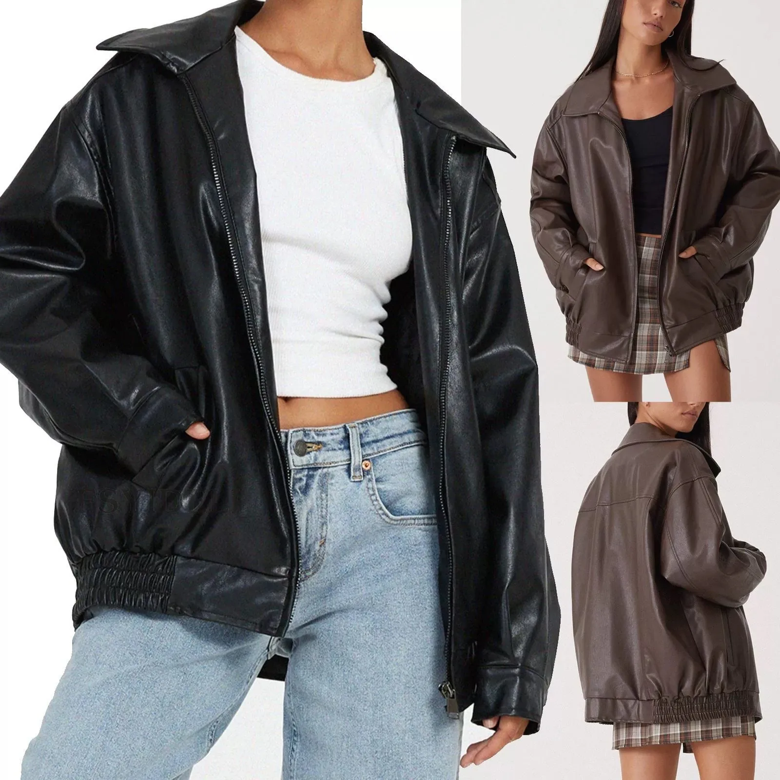 Elastic Hem Notched Lapel Top Loose Fit Biker Style with Zipper Closure Turn Down Collar Regular Sleeve Spring Women Jacket