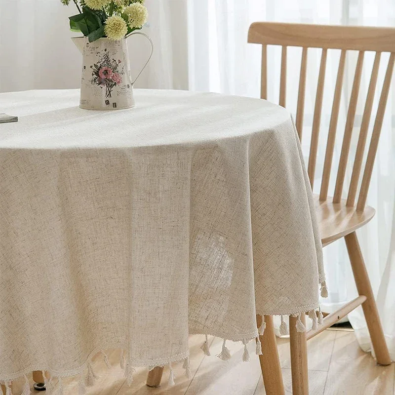 Solid Color Round Tablecloth Cotton Linen Fabric Tassel Dust-Proof Table Cover for Kitchen Dinning Farmhouse Tabletop Decoration