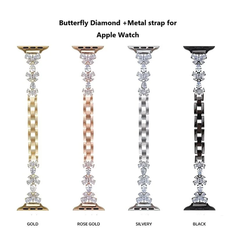 Luxury Strap For iWatch Series 9 8 7 6 5 4 3 SE Ultra Bronze Diamond Butterfly Bracelets for Apple Watch 38/40/41/44/42/45/49mm