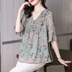 Female Clothing Sweet Loose Printed Shirt Summer 3/4 Sleeve Casual V-Neck Ruffles Spliced Commute Folds Button Chiffon Blouse