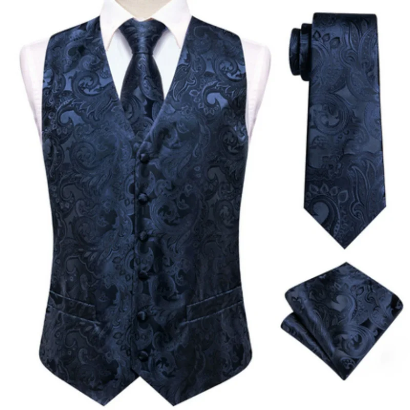 VerveRow Men Dark Blue Paisley Jacquard Waistcoat Set 3PCS Suit Vest Matching Necktie & Pocket Square for Tuxedo