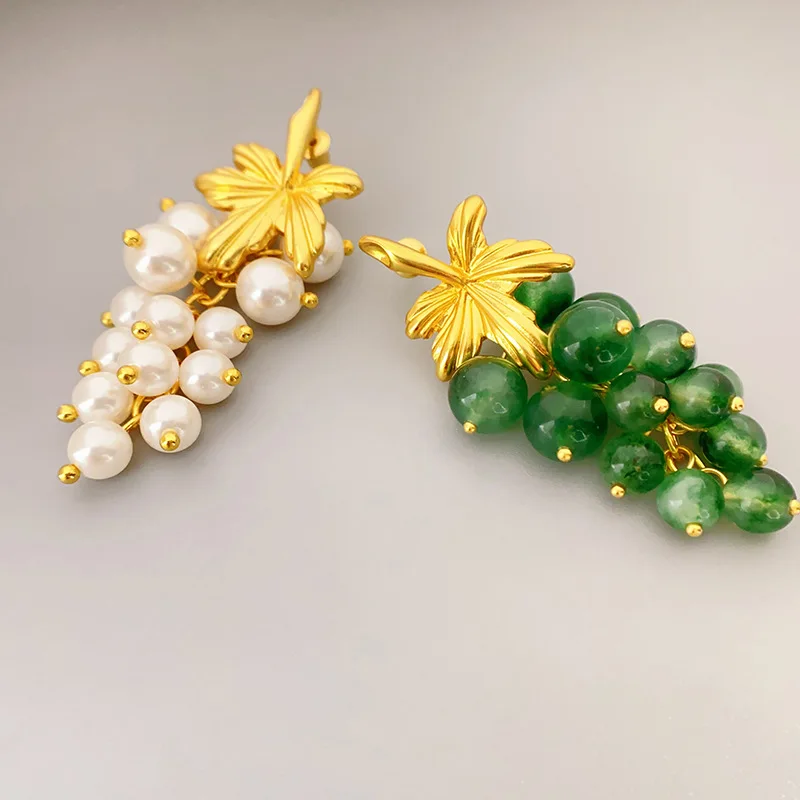 

Retro Fashion Grape Shape Green Chalcedony Pearl Blue Stone Personality Light Luxury Blue-veins Stone Temperament Grape Earrings