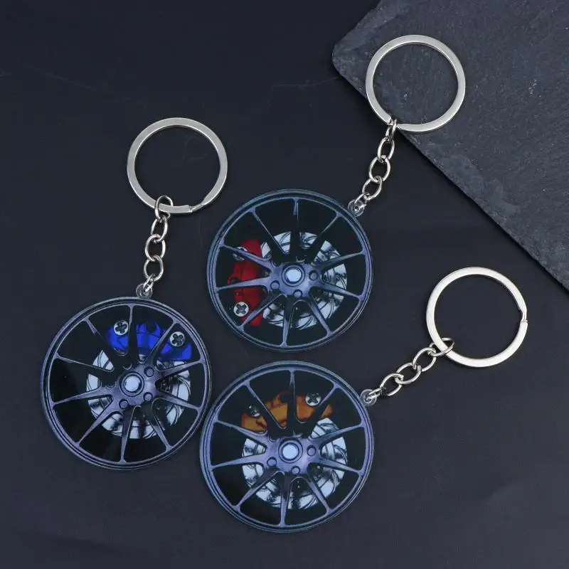 Rotatable Car Wheel Rim Keychain Creative Mini Brake Caliper Acrylic Pendant Decorative Ornament for Car Interior Gift