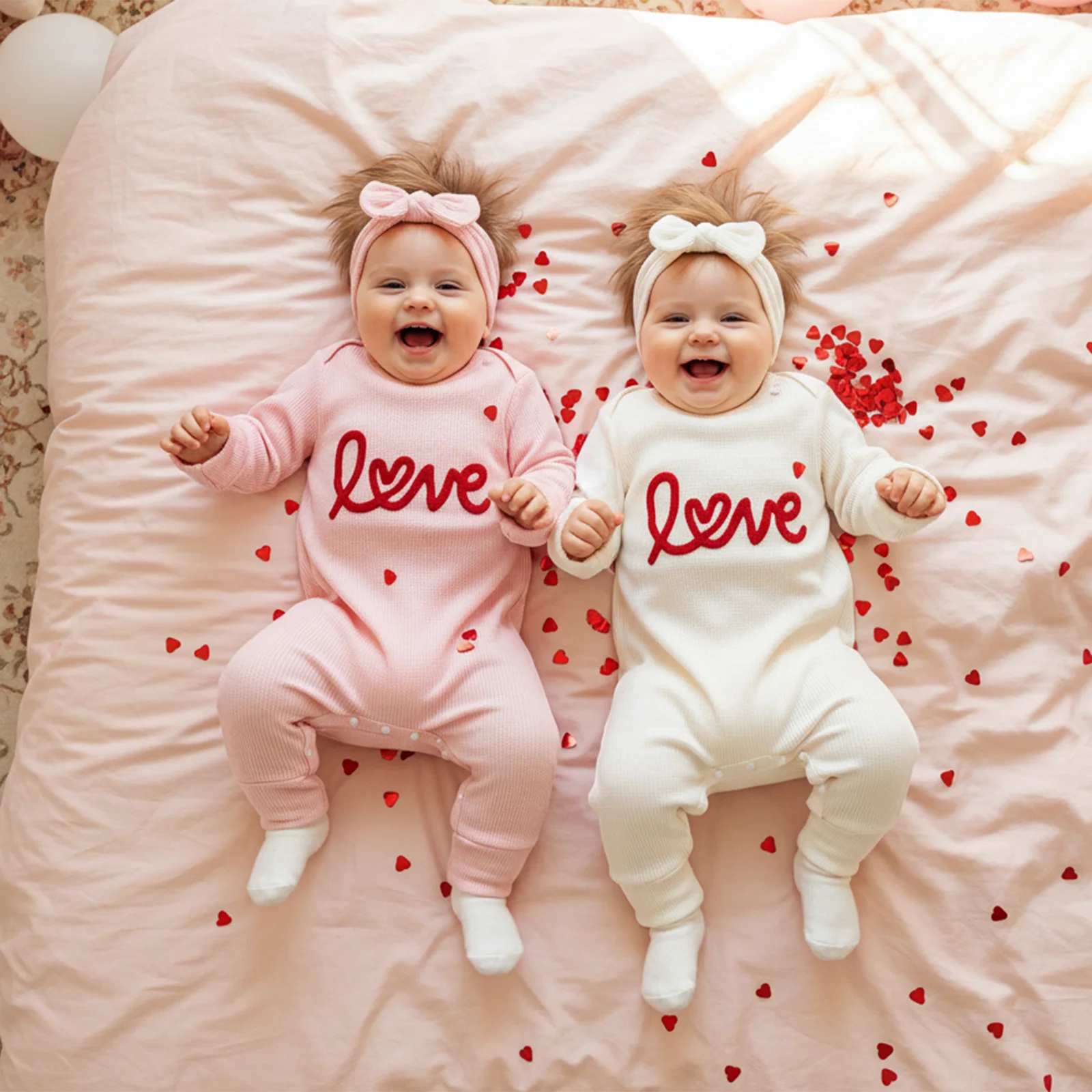 Spring Valentine's Day Infant Baby Girls Bodysuit Waffled Letter Embroidery Long Sleeve Jumpsuit Bow Headband Clothes