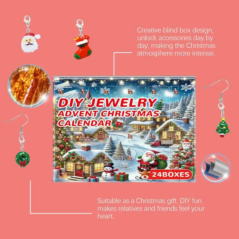 Jewelry Charm Advent Calendar Christmas Countdown Bracelets Calendar Necklace Earrings Ring Making Kit Kids Girls Christmas Gift