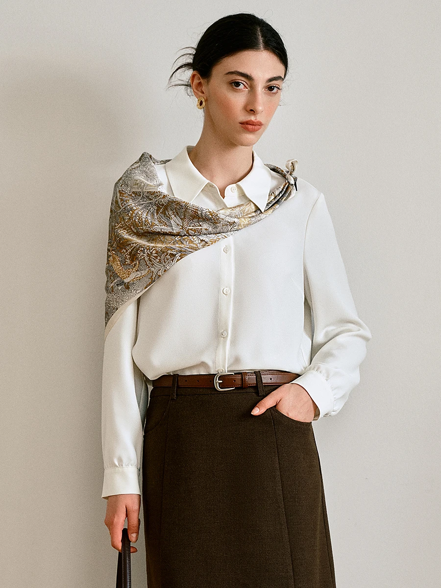 

OLrain French Simple Top Women's 2025 Autumn New Commuter White Shirt With Silk Scarf M57QC000162
