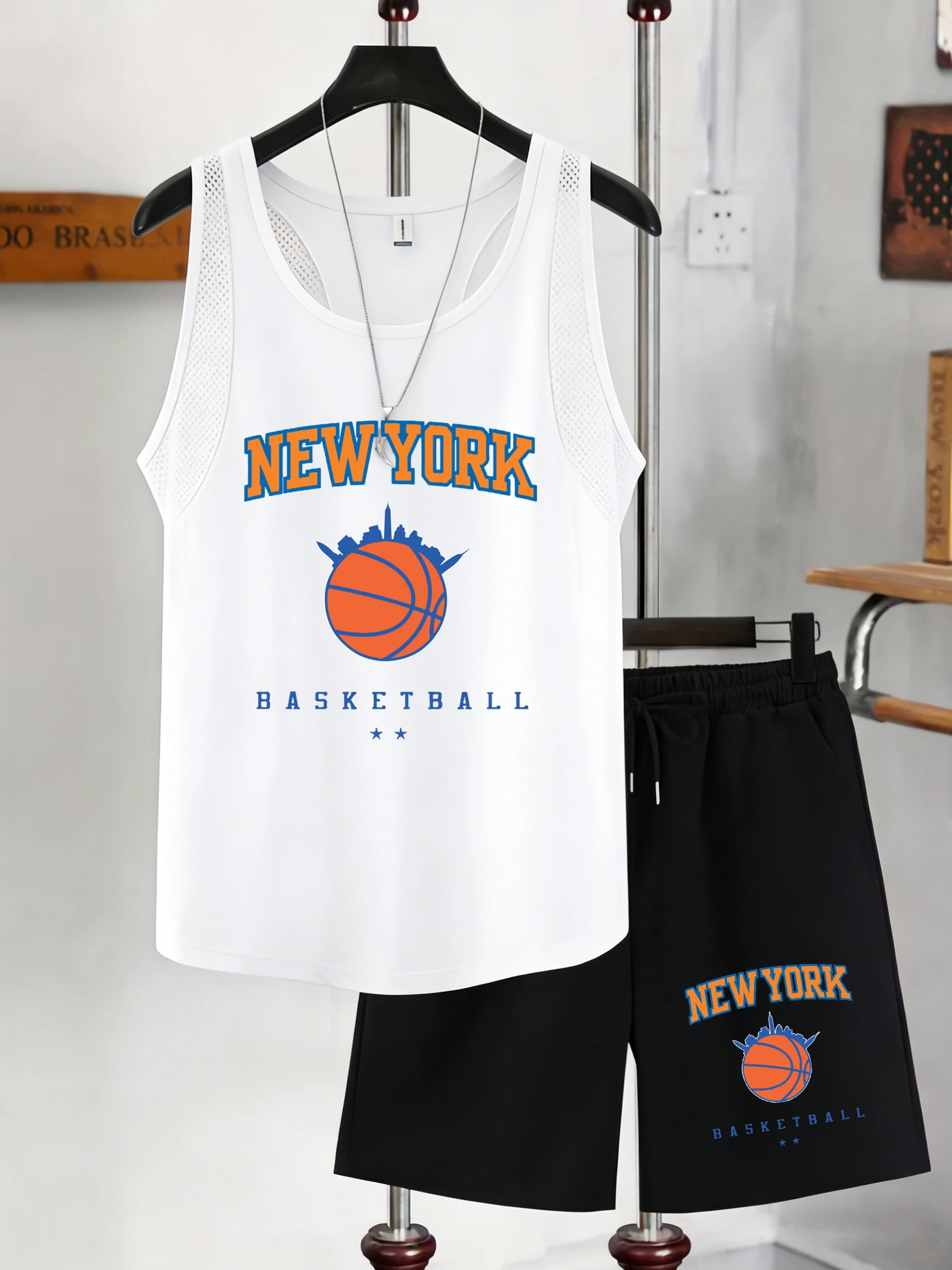 

New York Basketball Design Men Reticular Vests Set Soft Singlet Tops Fashion Shorts Fitness Tee Unisex Summer New Clothing