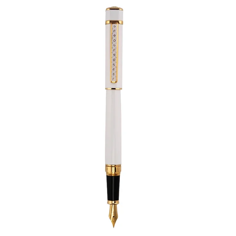 Hero 979 Metal White Fountain Pen Square Cap Golden Plates Clip Iridium Fine Nib 0.5mm Writing Ink Pen for Office Business Home