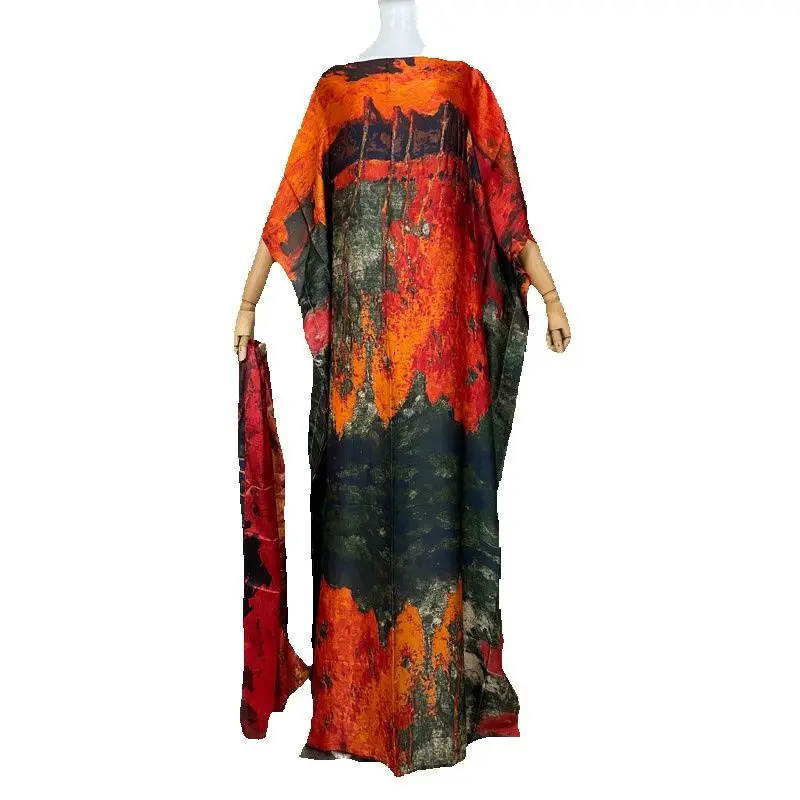 2023 New Rayon Fashion Oversize African Women Clothing Dubai Dashiki Abaya Free Size Print Design With Scarf Loose Long Dress