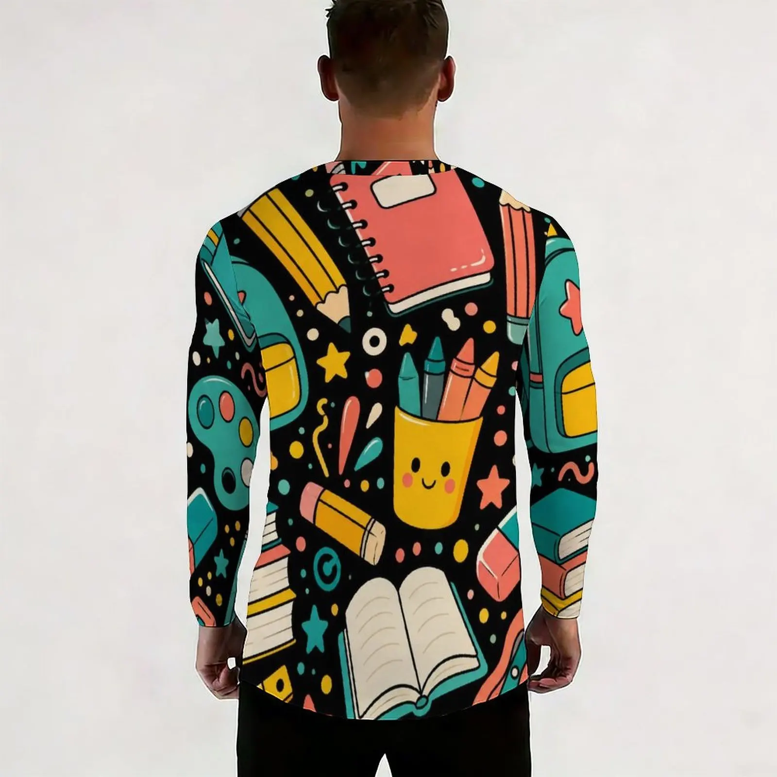 Men Long Sleeve T Shirt Print V Neck Casual Tops Fashion Loose Pullover Daily Wear Shirts