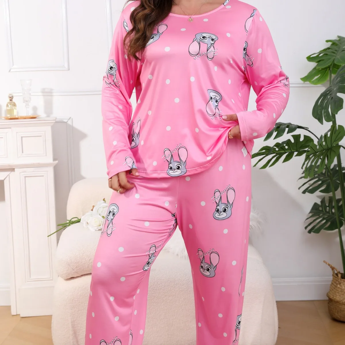 

Large Pajama Women's Set Autumn and Winter Sweet Pink Rabbit Print Long Sleeved Pants Loungewear Clothes for Women