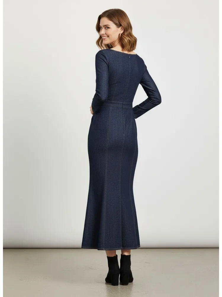 Freeacy 여성용 네이비 데님 미디 드레스 라운드 넥 긴 소매 인어 헴 피트 우아한 캐주얼 드레스 슬림 피트 파티 드레스