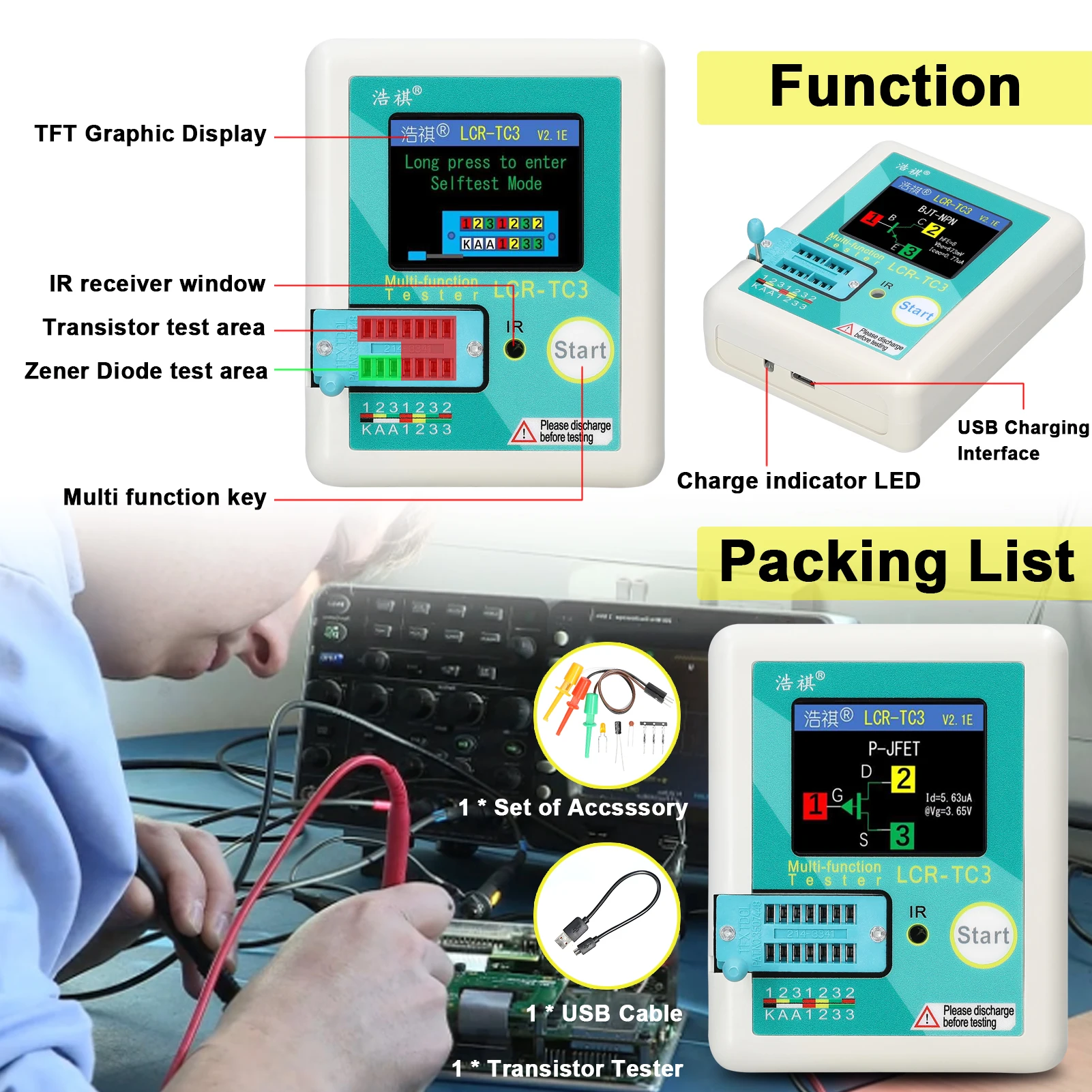 LCR-TC3 Transistor Tester Zener Diode Voltage Regulator NPN PNP Bipolar Potentiometer Inductor Capacitor Thyristor Tester