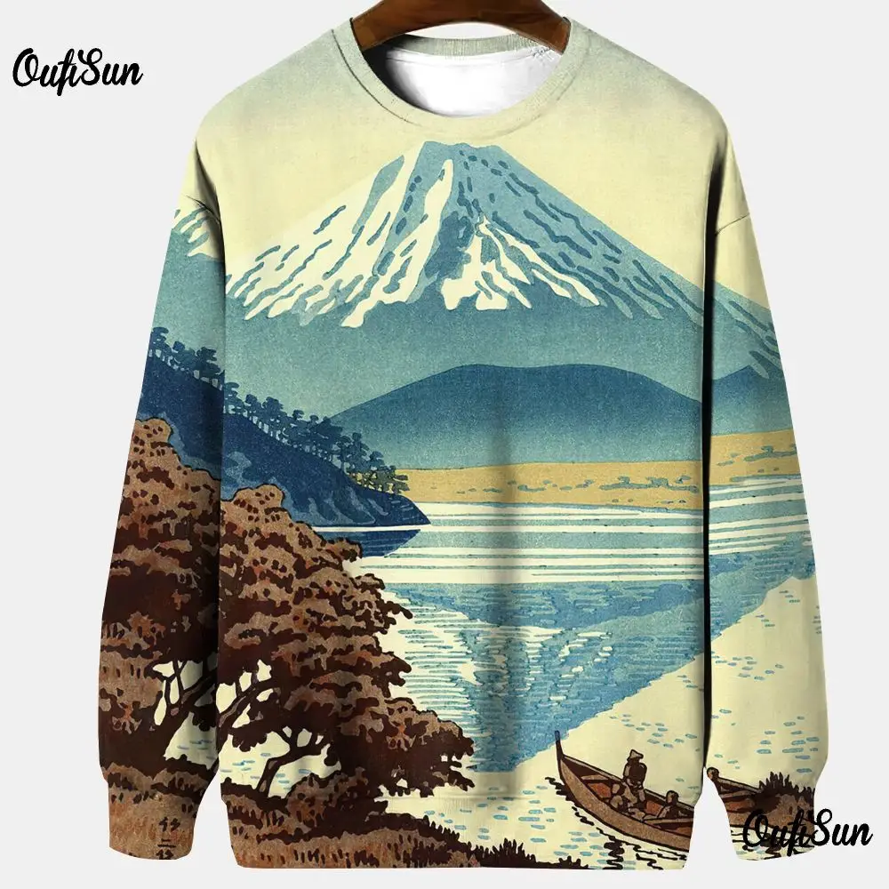 Japanese Ukiyoe Sweatshirt For Men Long Sleeve T-Shirt O-Neck Pullover Oversized Spring Clothing Thin Casual Men\'s Hoodies 2024