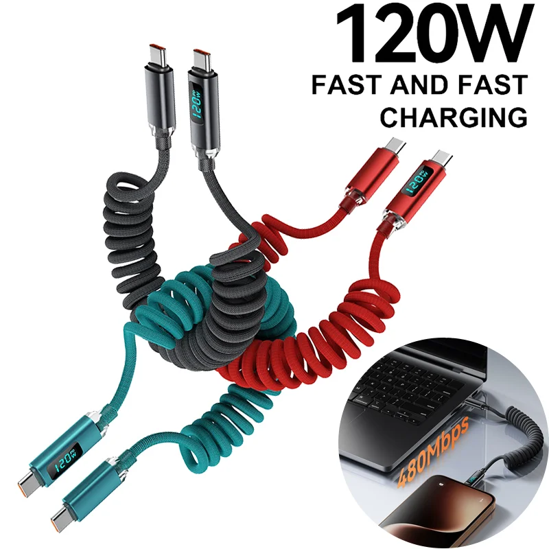 

120W Spring Charger Cable Digital Display Retractable USB C To Type C Fast Charging Data Cable Car Charges Cord